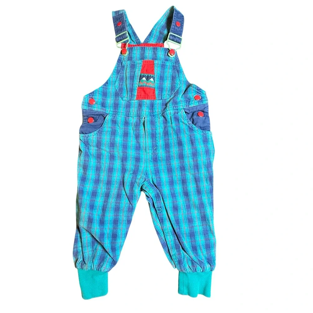 Vintage Gymboree Plaid Corduroy Overalls Blue Red Mountain Small Kids Retro